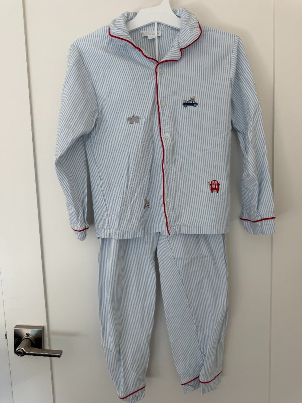 The Little White Company Stripe Button Pajama Set 9-10 Yrs London Bus Embroidere